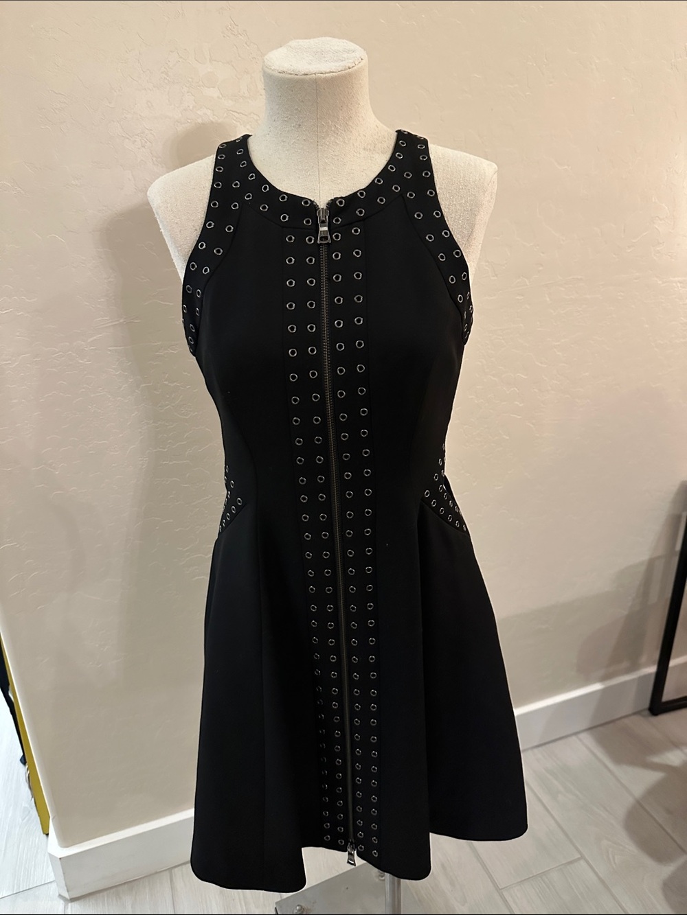 BCBGMaxAzria Black Eyelet-Trim Zip Front Fit & Flare Dress - NWT